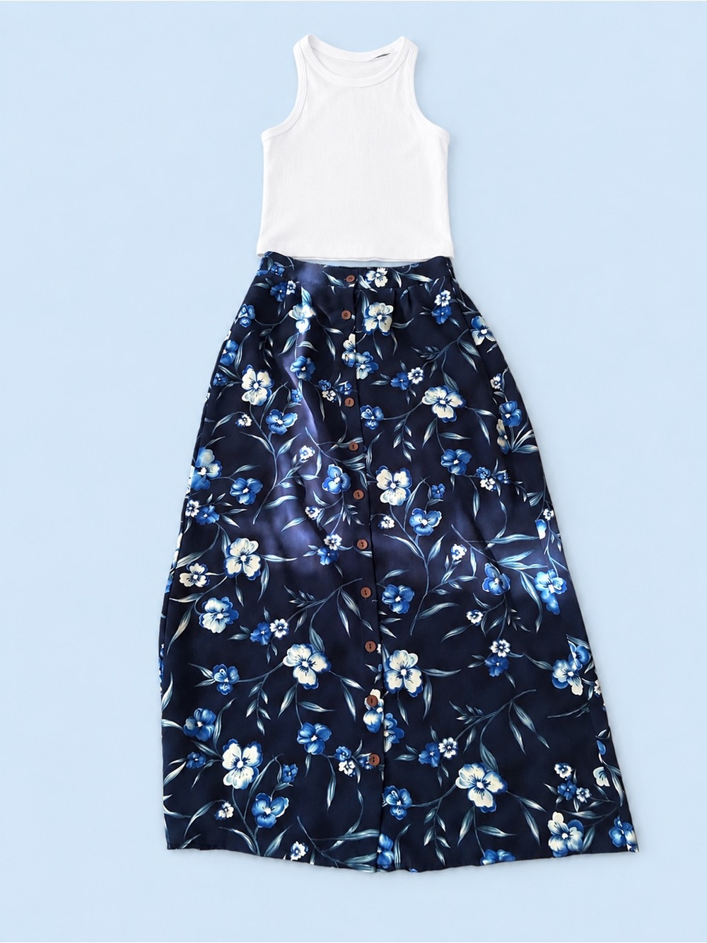 Floral Button-Front Midi Skirt in Navy - Blue - free people tank size S